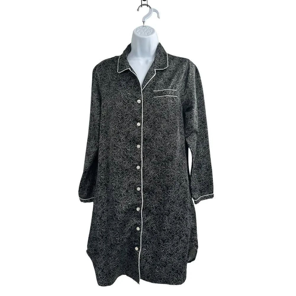Liz & Co Black Printed Sleepwear Long‎ Sleeve Shirt Small